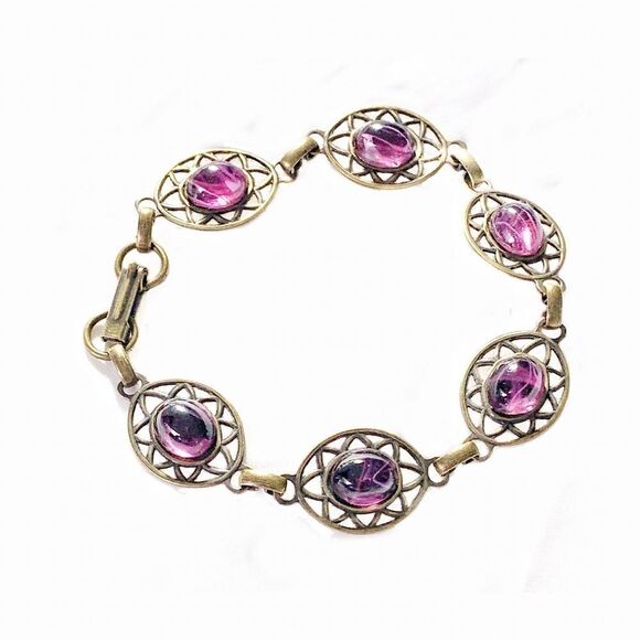 Vintage Banana Bob Victorian style ox gold open work amethyst cabashon bracelet - Picture 6 of 8